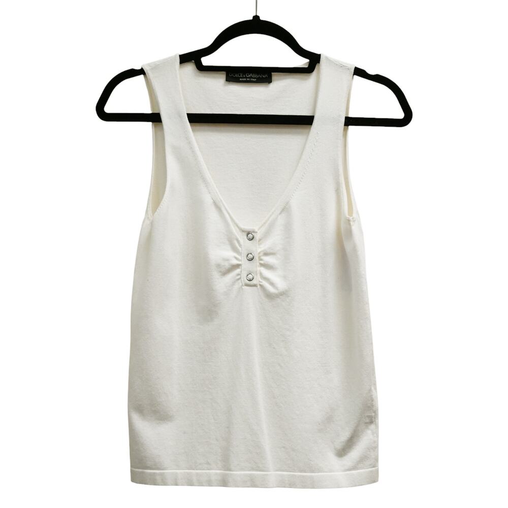 Dolce & Gabbana Tank Top Size 48 White V-Neck Knit Ruched Snap Sleeveless